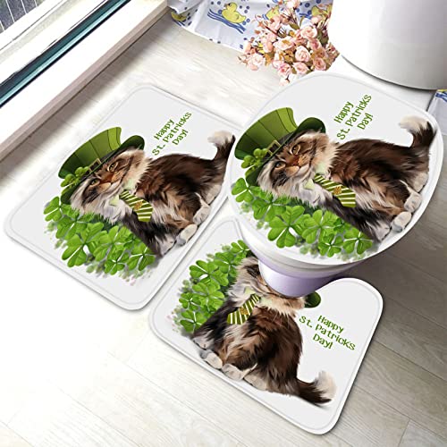 Ahdyr St. Patrick's Day Badezimmermatten-Sets 3-teiliges Hut-Katzen-Tier-Badezimmer-Antirutsch-Pad inklusive Badvorleger Konturmatte Toilettendeckelabdeckung von Ahdyr