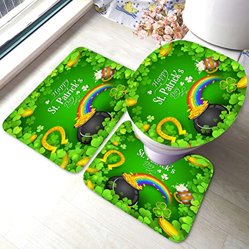 Ahdyr St.Patrick's Day Badezimmerteppiche, 3-teiliges Kleeblatt-Topf, Goldmünzen, Regenbogen-Badematten-Set, Badteppich + U-förmiger Toilettenteppich + Toilettendeckelabdeckung, Badematte von Ahdyr