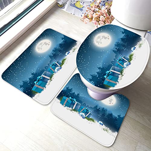 Ahdyr Weihnachtsnacht Badezimmerteppiche Set 3-teiliges Geschenkboxen Kugeln Schneemond Berg Badematten Set, Badteppich + U-förmiger Toilettenteppich + Toilettendeckelabdeckung Badematte von Ahdyr