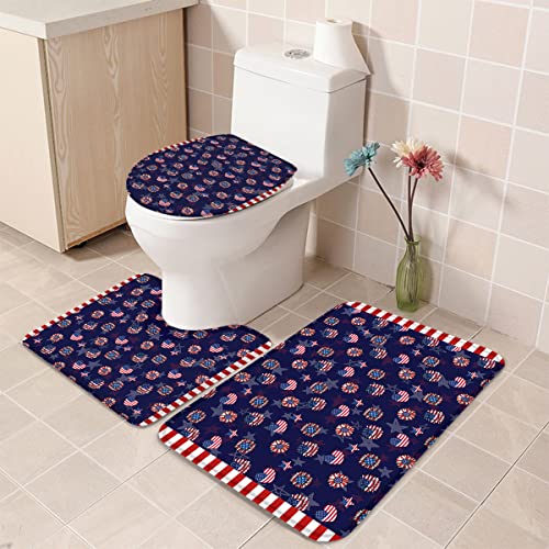 Badezimmerteppich-Set, patriotische USA-Flagge, Stern, Herzen und Blumen, 3-teiliger rutschfester Teppich, wasserabsorbierende Bodenmatten und WC-Sitzbezug, Badematten-Sets für Heimdekoration, Blau, von Ahdyr