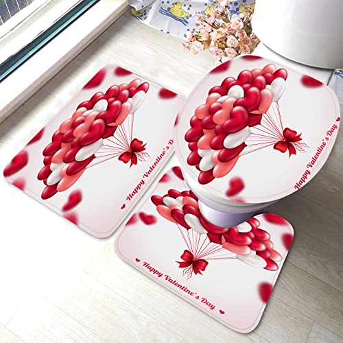 Badezimmerteppiche mit Herzballons, 3-teilig, Happy Valentine's Day, Liebesthema, romantisches rotes Badematten-Set, Badteppich + U-förmiger Toilettenteppich + Toilettendeckelabdeckung, Badematte von Ahdyr