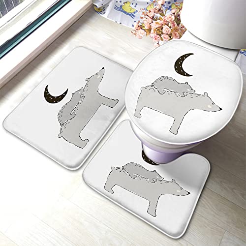 Bär Badematte 3-teiliges Set Sohn auf Mutters Rücken Graue Bären Glücklicher Muttertag Nachthimmel Mond Badezimmermatte Großer Teppich Toilettensitz Deckelabdeckung Rutschfeste Matte Anti-Rutsch-Pad von Ahdyr