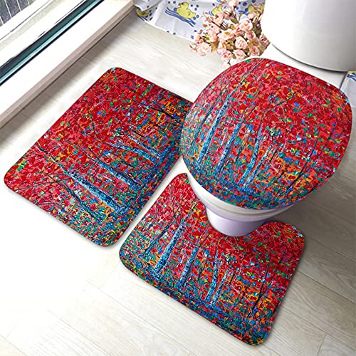 Baum Badematte Set mit 3 Stück Bunte Ölgemälde Spritzer Spot Art Badezimmermatte Großer Teppich Toilettensitzdeckel Abdeckung rutschfeste Matte Anti-Rutsch-Pad von Ahdyr