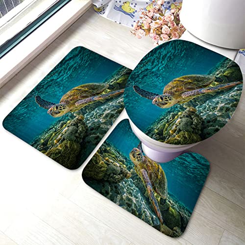 Blaue Meeresschildkröte Badezimmerteppiche Set 3-teiliges Unterwasser-Wassertier Meeresboden Rock Ocean Life Badematten-Set, Badvorleger + U-förmiger Toiletten-Badeteppich + Toilettendeckel-Abdeckun Blaue Meeresschildkröte Badezimmerteppiche Set 3-teiliges Unterwasser-Wassertier Meeresboden Rock Ocean Life Badematten-Set, Badvorleger + U-förmiger Toiletten-Badeteppich + Toilettendeckel-Abdeckun von Ahdyr