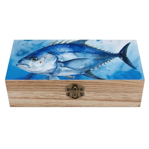 Blauer Fisch Holzkiste Souvenir mit Deckel und Frontverschluss Büro Schreibtisch Organizer Behälter Andenken von Ahdyr