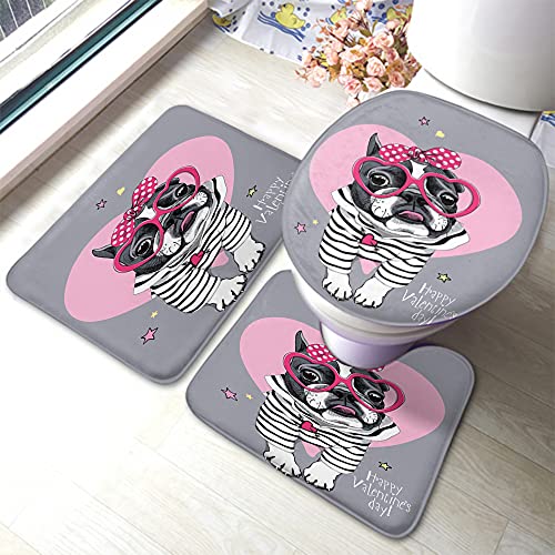 Hundebadematte 3-teiliges Set Valentinstag Französische Bulldogge in gestreifter Strickjacke mit rosa Herz Brille Polka Dot Badezimmermatte großer Teppich Toilettensitz Deckelbezug rutschfeste Matte von Ahdyr