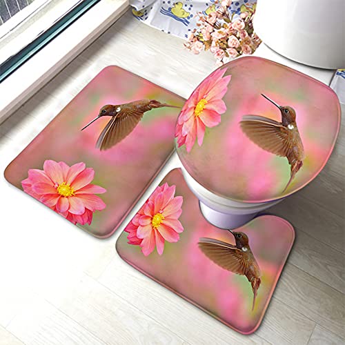 Kolibri Badematte 3-teiliges Set Vogel mit rosa blühender Blume Natur Tropic Badezimmermatte großer Teppich Toilettensitzdeckel Abdeckung rutschfeste Matte Anti-Rutsch-Pad von Ahdyr