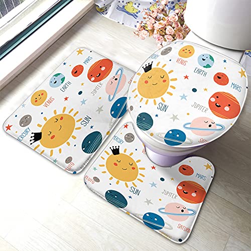Planet Badematte 3-teiliges Set Cartoon Lächeln Sonnensystem Summe Mond Erde Mars Pluto Jupiter Sterne Badezimmermatte Großer Teppich Toilettensitzdeckel Abdeckung rutschfeste Matte Anti-Rutsch-Pad von Ahdyr