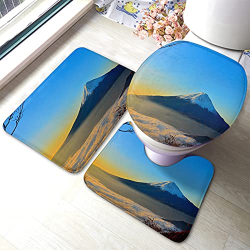 Schneeberg Badematte Set Natur Landschaft Berge Herbst Rot Ahorn Bäume Sonnenuntergang Wolke Badezimmermatte 3 Stück Teppich Toilettensitzdeckel Abdeckung rutschfeste Matte Anti-Rutsch-Pad von Ahdyr