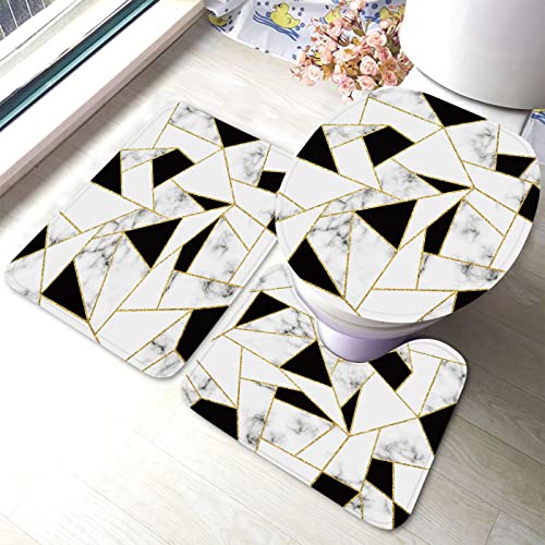 Schwarz-weißer Marmor-Badteppich-Set, 3-teilig, goldene geometrische Linien, modernes Luxus-Textur-Badematten-Set, Badvorleger + U-förmiger Toiletten-Badeteppich + Toilettendeckel-Abdeckung, Bademat von Ahdyr
