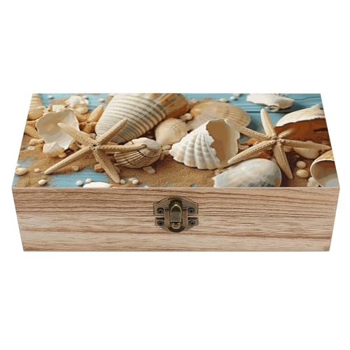 Strand-Thema Muscheln Holzkiste Souvenir mit Deckel und Frontverschluss Büro Schreibtisch Organizer Bins Andenken von Ahdyr