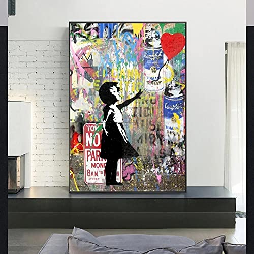 Banksy Art Girl Holding Balloons Leinwand Gemälde Wandkunst Poster Und Drucke Graffiti Kunst Bilder Kinderzimmer Wanddekor 70X100cm Rahmenlos von Aheng Art
