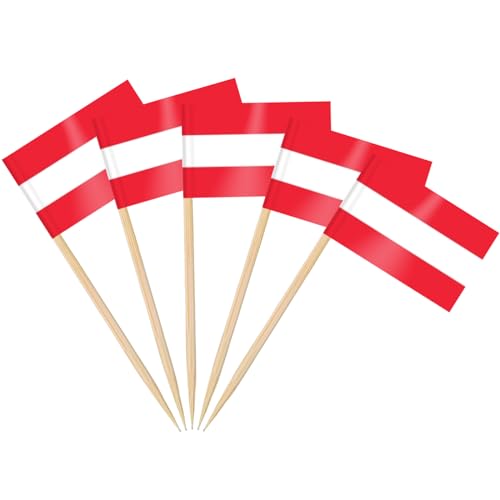 AhfuLife 100 Stück Österreich Zahnstocher Flaggen,Österreichische Deko Fahne Klein Mini Zahnstocher für 2024 EM Euro Eurovision Song Contest Olympische Cupcake Topper Toothpick Cocktail Party Pub Deko von AhfuLife