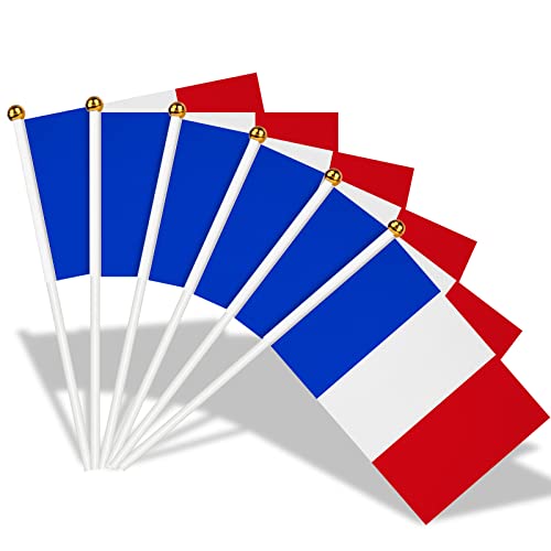 AhfuLife Klein Frankreich Flagge, 30 Stück Französische Mini Handgehaltene Flaggen mit 30cm weißem Pole für 2025 Damen Fußball EM Eurovision WM Olympische Party Zuhause Garten Bar Deko（20×28 cm-12m） von AhfuLife