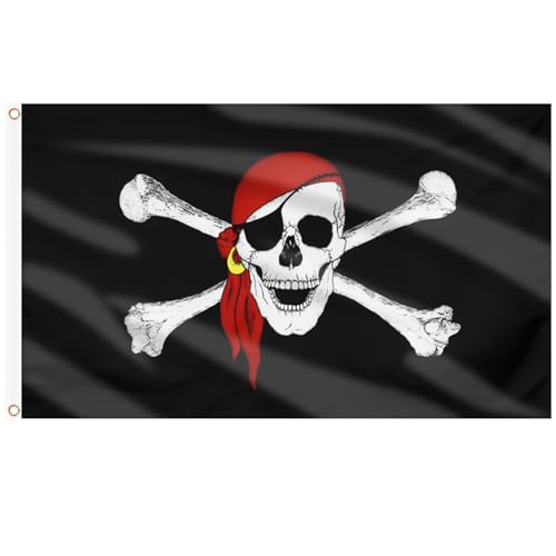 AhfuLife Piraten Flagge 150 x 90cm, 1 Stück Piratenflagge Fahne Doppelseitig mit Messingösen Pirat Fahne Pirat mit Kopftuch für Kinder Halloween Piraten Geburtstag Party Haus Garten Innen Außen Deko von AhfuLife