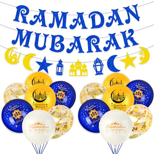 AhfuLife Ramadan Banner Deko, Ramadan Mubarak Dekoration Set - Vormontiert Ramadan Mubarak Stern Mond Ramadan Girlande mit 14 Stück Gold Blau Weiß Luftballons für Ramadan Kareem Eid Mubarak Party Deko von AhfuLife