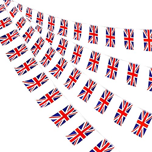 AhfuLife Union Jack Großbritannien Wimpelkette Fahnenkette Flaggenkette, 4 Stück 30 Flaggen Beidseitig UK Wimpel Girlande für 2025 Damen Fußball EM Eurovision WM VE-Day Party Bar Deko von AhfuLife