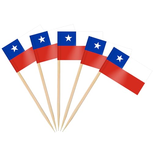 AhfuLife Zahnstocher Flaggen, Deko Fahne Klein Mini Zahnstocher für 2024 EM Euro Eurovision Song Contest Olympische Cupcake Topper Toothpick Cocktail Partydeko Pub Deko (Chile, 100 Stück) von AhfuLife