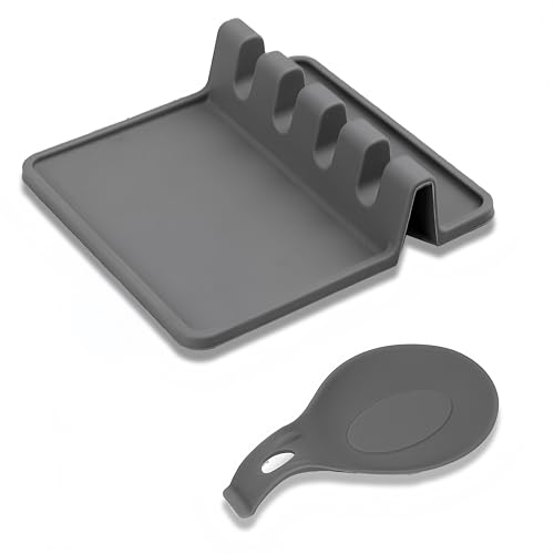 AhhiAboo 2er-Set Silikon-Utensilienablage mit Abtropfpad für mehrere Küchenhelfer, Silikon Kochlöffelablage für Schöpflöffel, Pfannenwender Zangen Gabeln von AhhiAboo
