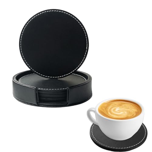 AhhiAboo 5 Stück PU Leder Untersetzer - Runde Tassenunterlage mit Halterung - Bier Getränk Getränke Tisch Untersetzer für Tabletop Schutz und Home Decor (Schwarz) von AhhiAboo