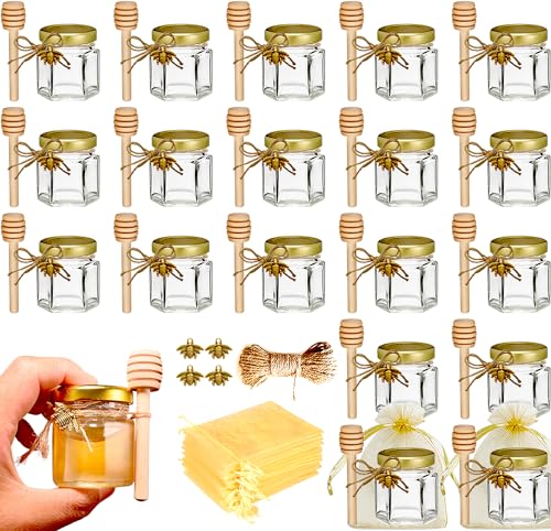 Ahhute 20er-Pack 1,5 oz Sechseckige Mini Honigglas mit Honiglöffel, Goldenen Deckeln, Bienenanhängern - Perfekt für Gastgeschenke, Hochzeiten & Babypartys - Gastgeschenke Hochzeit von Ahhute