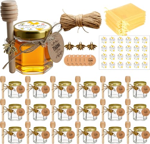 Ahhute 20er-Pack 1,5 oz Sechseckige Mini Honigglas mit Honiglöffel, Goldenen Deckeln, Bienenanhängern - Perfekt für Gastgeschenke, Hochzeiten & Babypartys - Gastgeschenke Hochzeit von Ahhute