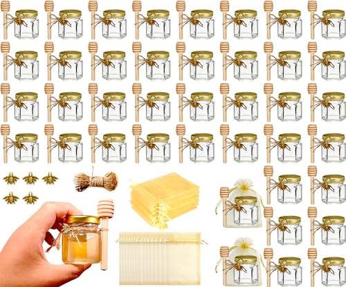 Ahhute 1,5oz 40er-Pack Mini Honiggläser aus Glas mit Holzlöffeln, goldenen Deckeln, Geschenkbeutel, Bienenanhängern - marmeladengläser klein Perfekt für Hochzeitsgeschenke und Partygeschenke von Ahhute