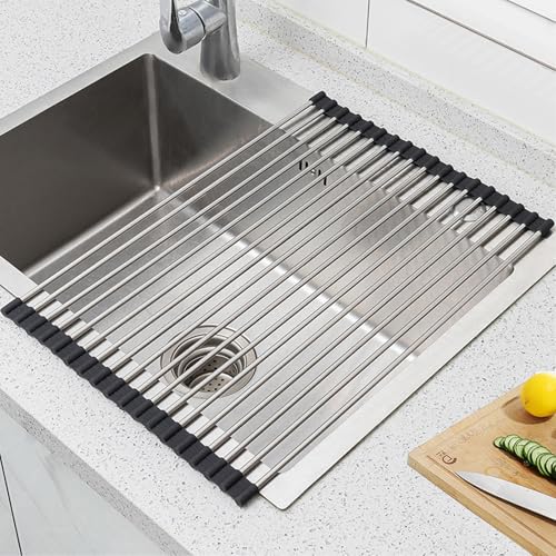 Ahigh Abtropfgestell Geschirr,Faltbare und Abnehmbare Geschirrabtropfgestell über Dem Spülbecken, Silikon/Edelstahl spüle zubehör,Abtropfmatte und Abtropffläche für Obst,Gemüse und Tassen(45 * 33) von Ahigh