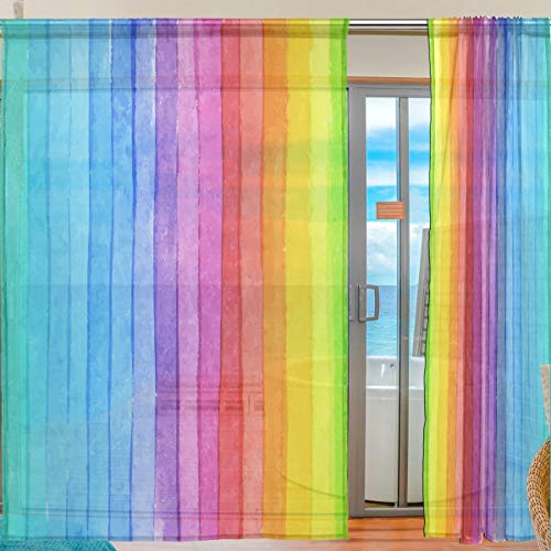 Ahomy Bunte gestreifte Aquarell-Regenbogen-Voile-Vorhang für Küche, Wohnzimmer, Schlafzimmer, 2 Paneele, 140 x 198 cm von Ahomy