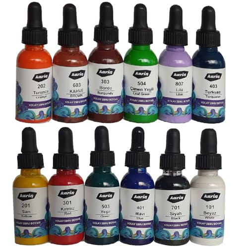 Ahsen Ebru – Marmorierfarben-Set 12-TLG. – Gebrauchsfertige 30 ml Tropfflaschen – Für Papier, Holz, Stoff & Keramik – Wasserbasierte Ebru-Farben mit leuchtenden Pigmenten von Ahsen Ebru Sanati