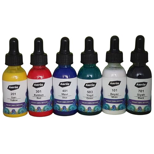 Ahsen Ebru – Marmorierfarben-Set 6-tlg. – Gebrauchsfertige 30 ml Tropfflaschen – Für Papier, Stoff, Holz & Keramik – Wasserbasierte Ebru-Farben für traditionelle Mustertechnik von Ahsen Ebru Sanati