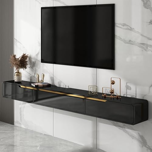 Ahtadums Massivholz TV Lowboard Hängend TV Schrank Hochglanz gespritzt hängend mit 2 Schubladen TV Board hängend Hängeschrank Wandregal komplett montiert (Black, 140cm) von Ahtadums