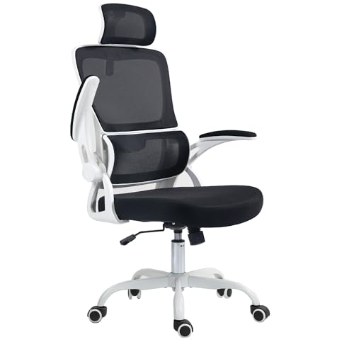 Ahua Ergonomischer Bürostuhl, Bürostuhl mit gefederter Lordosenstütze, Schreibtischstuhl, verstellbare Kopfstütze, umklappbare weiche Armlehnen, Bequeme Sitzfläche aus atmungsaktivem Mesh von Ahua