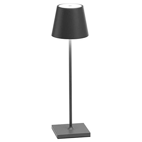 Zafferano Poldina-Wiederaufladbare LED-Tischleuchte, Dimmbar, Aluminiumgehäuse, Höhe 38 cm, Schutzart IP54, für den Außen-/ Innenbereich Geeignet, EU-Stecker-Dunkelgrau, 2.2 W von Zafferano