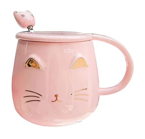 AiMeiteng Tasse Katze,Tasse rosa, Tasse mit deckel und Löffel, Geschenke für Mädchen, Katzenliebhaber 450ml（Rosa） von AiMeiteng