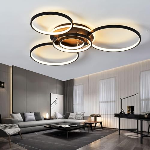 Deckenleuchten Dimmbare Wohnzimmerlampe mit Fernbedienung, 95cm, 6-Ring Deckenlampe 76W 7600LM Deckenleuchte aus Metall Modern-Design für Schlafzimmer, Küche, Esszimmer, Wohnzimmer (Schwarz-95CM) von AiPaiTe