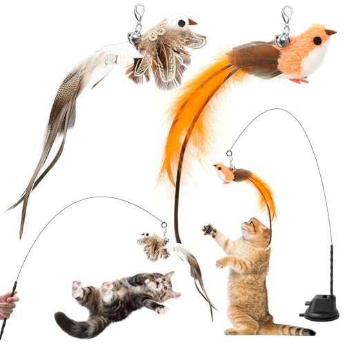 AiQInu 4 Stück Katzenspielzeug Interaktive, Katzen Spielzeug Saugnapf, 1 Katzenangel mit 2 Glöckchen Vögeln, Intelligenz Spielzeug für Katzen Zauberstab von AiQInu