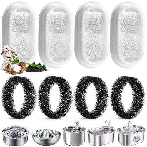 AiQInu 8 Stück Katzenbrunnen Filter Satz, 4 Stück Kohlefilter Und 4 Stück Schaumfilter, Vierstufige Filterung Ersatzfilter für 2L/3.2L Edelstahl Hunde Katzen Trinkbrunnen von AiQInu