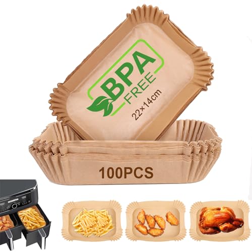 AiQInu Backpapier für Heißluftfritteuse mit Doppelkammer, 100 Stück 22x14cm BPA-frei Rechteckig Airfryer Backpapier Antihaft-Einweg Wasserdicht Ölfest Pergamentpapier Liner Airfryer Zubehör von AiQInu
