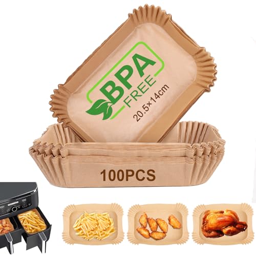AiQInu Backpapier für Heißluftfritteuse mit Doppelkammer, 100 Stück 20.5x14cm BPA-frei Rechteckig Airfryer Backpapier Antihaft-Einweg Wasserdicht Ölfest Pergamentpapier Liner Airfryer Zubehör von AiQInu