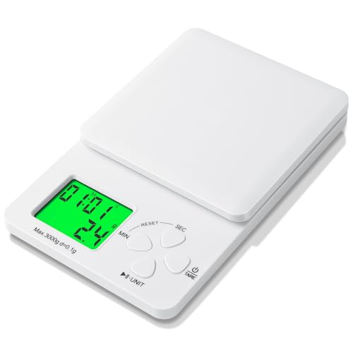 AiQInu Küchenwaage Digital mit Timer, 3kg/0.1g Hochpräzise Kaffeewaage, Kitchen Scale mit LED-Anzeige, Multifunktionale Magnetische Essenswaage für Küche von AiQInu