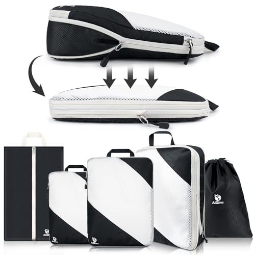 AiQInu Packing Cubes Compression, 5 Stück Packtaschen Kompression Koffer Organizer Set mit Wäschebeutel und Schuhbeutel Ultraleicht, Erweiterbar, Reisepack Organizer für Handgepäck AiQInu Packing Cubes Compression, 5 Stück Packtaschen Kompression Koffer Organizer Set mit Wäschebeutel und Schuhbeutel Ultraleicht, Erweiterbar, Reisepack Organizer für Handgepäck von AiQInu