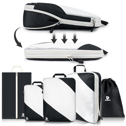 AiQInu Packing Cubes Compression, 5 Stück Packtaschen Kompression Koffer Organizer Set mit Wäschebeutel und Schuhbeutel Ultraleicht, Erweiterbar, Reisepack Organizer für Handgepäck von AiQInu