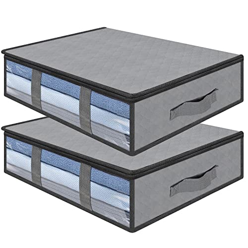 AiQInu Unterbett Aufbewahrungsbox, 2 Stück Faltbare Unterbettkommode mit Sichtfenster und 4 Haltegriffen 60x 45x 15 cm, Kleideraufbewahrung für Kleidung Decken Bettdecken von AiQInu