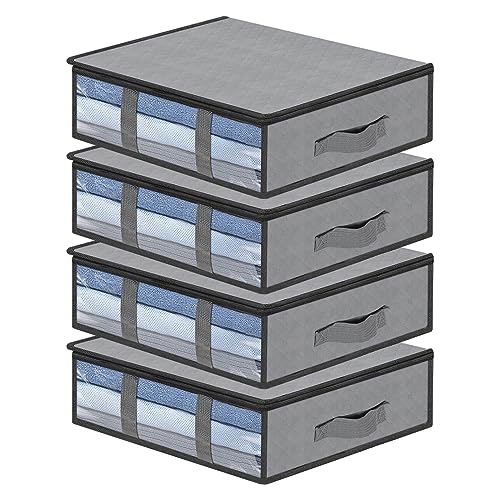 AiQInu Unterbett Aufbewahrungsbox,4 Stück Unterbettkommode mit Sichtfenster und 4 Haltegriffen 60x 45x 15 cm, Faltbare Unterbett-Aufbewahrungstasche Kleideraufbewahrung für Kleidung Decken Bettdecken von AiQInu