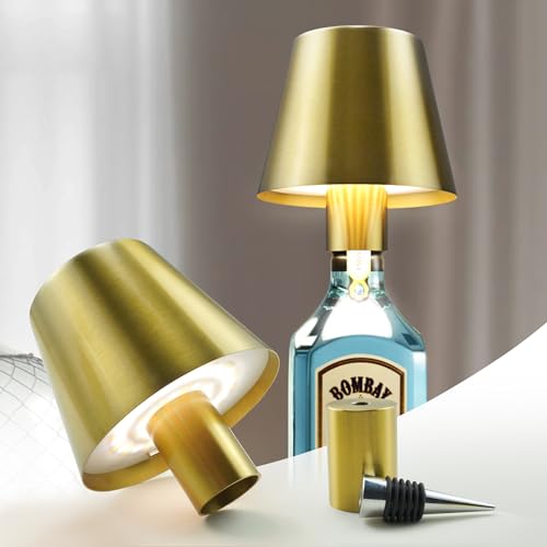 Flaschenlampe Vollmetall, Dimmbares Flaschenlicht mit 3 Modi, Flaschenlampe Aufsatz Led, 2 Lampenfassung, USB C Aufladbar, IP54 Wasserdicht, Led Flaschenlampe für Wohnzimmer und Schlafzimmer, Gold von Aiandcc