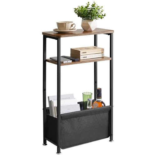 Aibiju Schmaler Beistelltisch mit Stauraum, 3-stufiger schmaler Sofatisch für kleine Räume, 40 x 20 x 66 cm, schmaler Nachttisch mit Stoffkorb für Schlafzimmer, Wohnzimmer, Rustikales Braun YD-ST002H von Aibiju