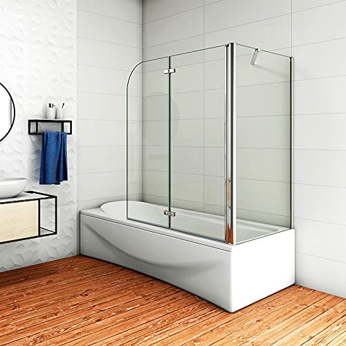 Aica Sanitär Badewannenaufsatz Eck Duschwand Badewanne 2-tlg.Faltwand mit Seitewand 6mm Nano Glas H140cm von Aica Sanitär