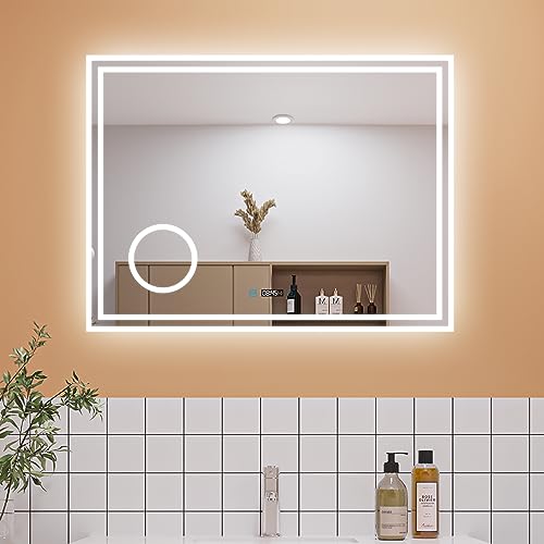 Aica Sanitär Badspiegel LED 80×60cm Schminkspiegel Uhr 3 Lichfarbe dimmbar Memory Wand/Touchschalter Anti-Beschlag Bad Spiegel Badezimmerspiegel IP44 energiesrarend von Aica Sanitär