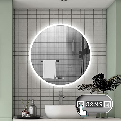 Aica Sanitär Badspiegel Rund 70 cm Uhr Kalt/Neutral/Warmweiß dimmbar Memory LED Spiegel Touch/Wandschalter Beschlagfrei von Aica Sanitär